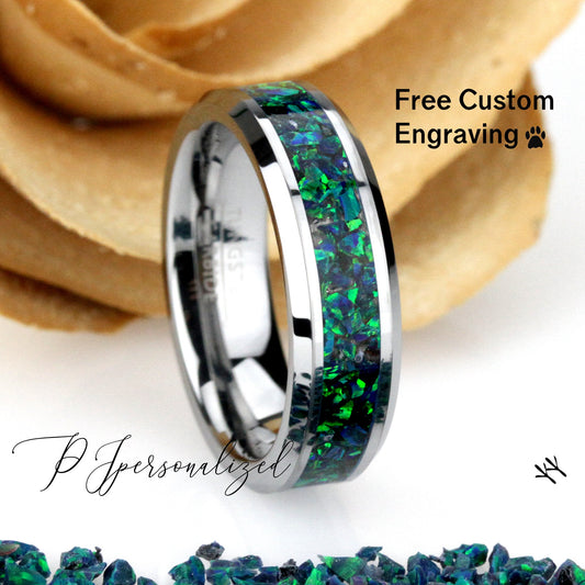 Crushed Emerald Green Opal Inlay 6mm Tungsten Wedding Band, Black Ceramic Band For Women, Women's Tungsten Band, Fire Opal Ring Promise Ring