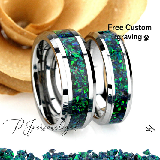 His And Hers Tungsten Wedding Band Set, Emerald Green Fire Opal Inlay Tungsten Wedding Ring For Men & Women, 8mm/6mm,Promise Ring For Couple