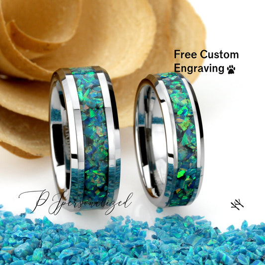 His And Hers Tungsten Wedding Band Set, Turquoise Green Fire Opal Inlay Tungsten Ring For Men & Women, 8mm, 6mm,Promise Ring For Couple