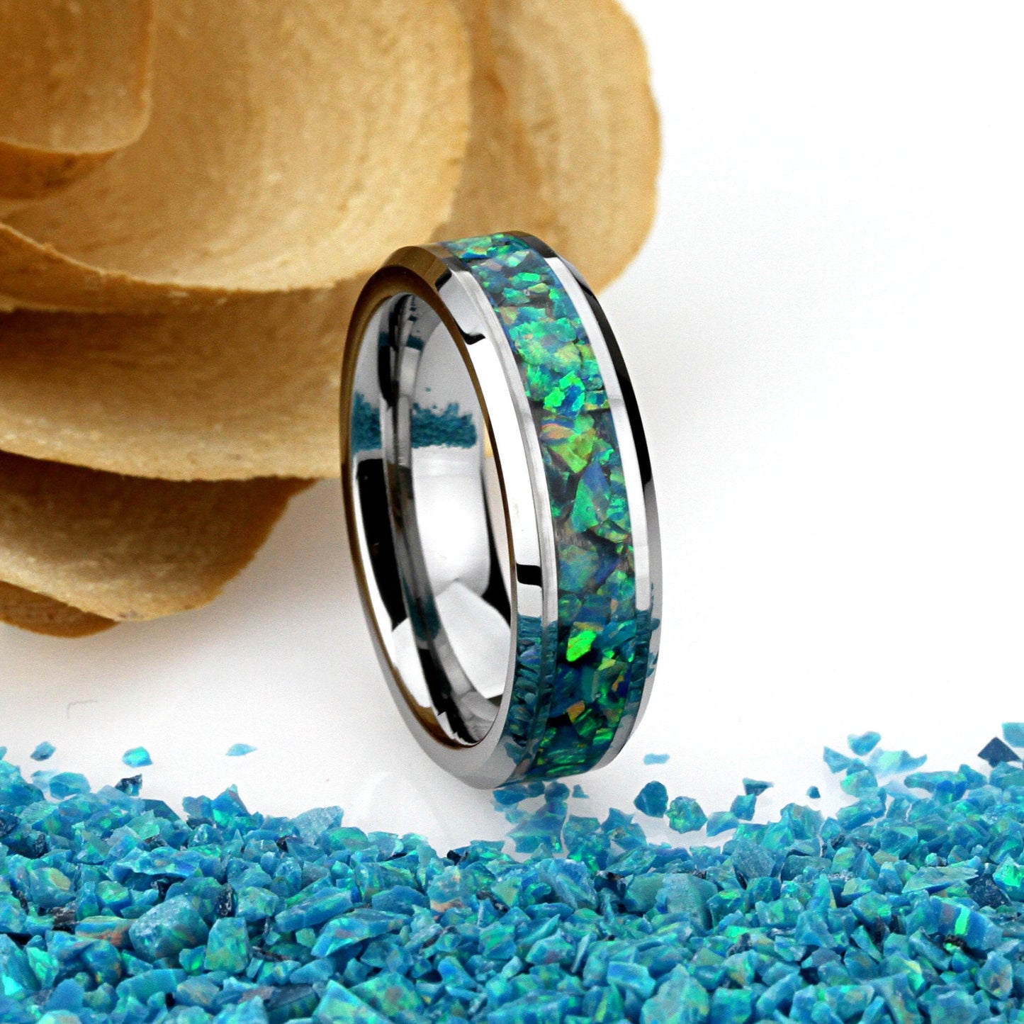 His And Hers Tungsten Wedding Band Set, Turquoise Green Fire Opal Inlay Tungsten Ring For Men & Women, 8mm, 6mm,Promise Ring For Couple