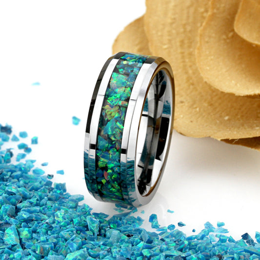 Crushed Turquoise Marine Fire Opal Inlay 8mm Tungsten Wedding Band Men & Women, Black Ceramic Wedding Band For Men Women, Fire Opal Ring