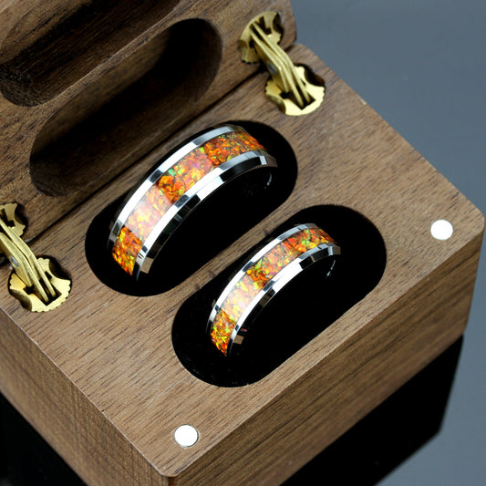His And Hers Tungsten Wedding Band Set, Fire Opal Inlay Tungsten Ring For Men & Women, 8mm, 6mm,Promise Ring For Couple, Custom Wood Box