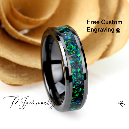 Crushed Emerald Green Opal Inlay 6mm Tungsten Wedding Band, Black Ceramic Band For Women, Women's Tungsten Band, Fire Opal Ring Promise Ring