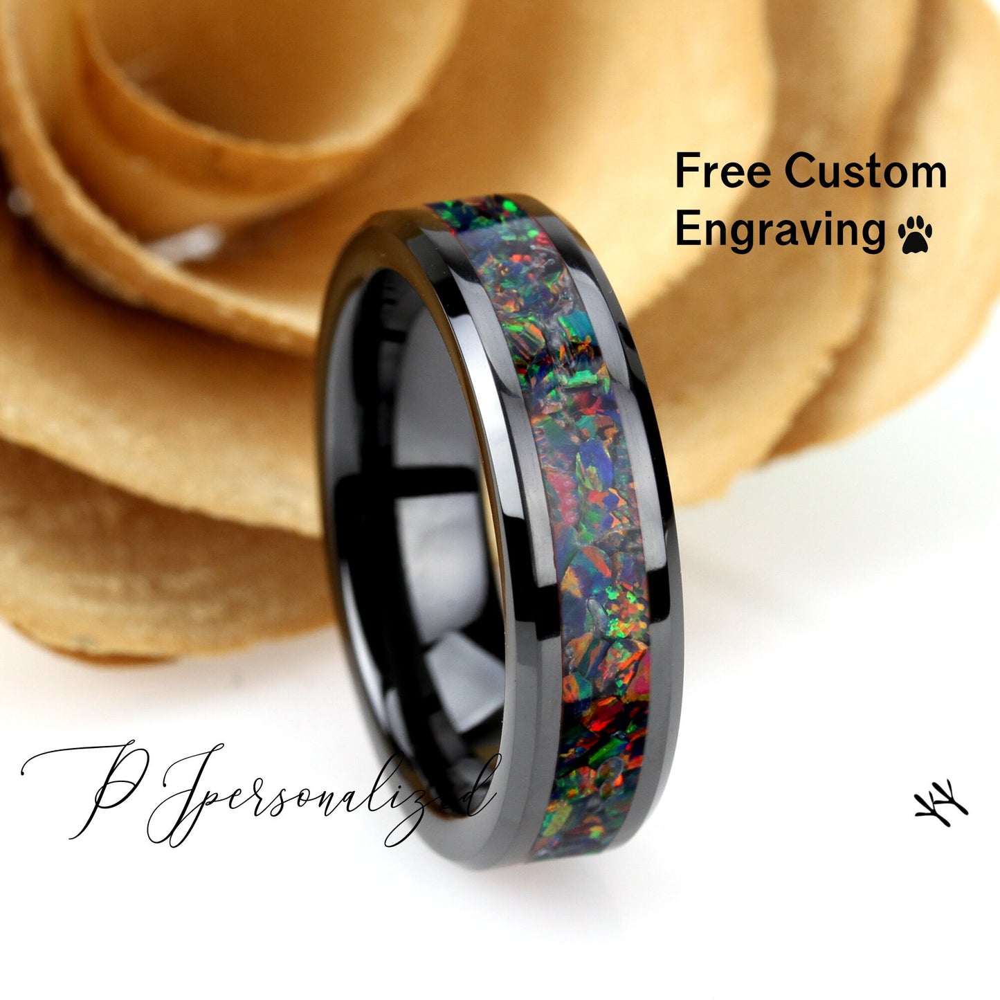 Crushed Black Rainbow Opal Inlay 6mm Tungsten Wedding Band, Black Ceramic Wedding Band For Women, Fire Opal Ring Promise Ring