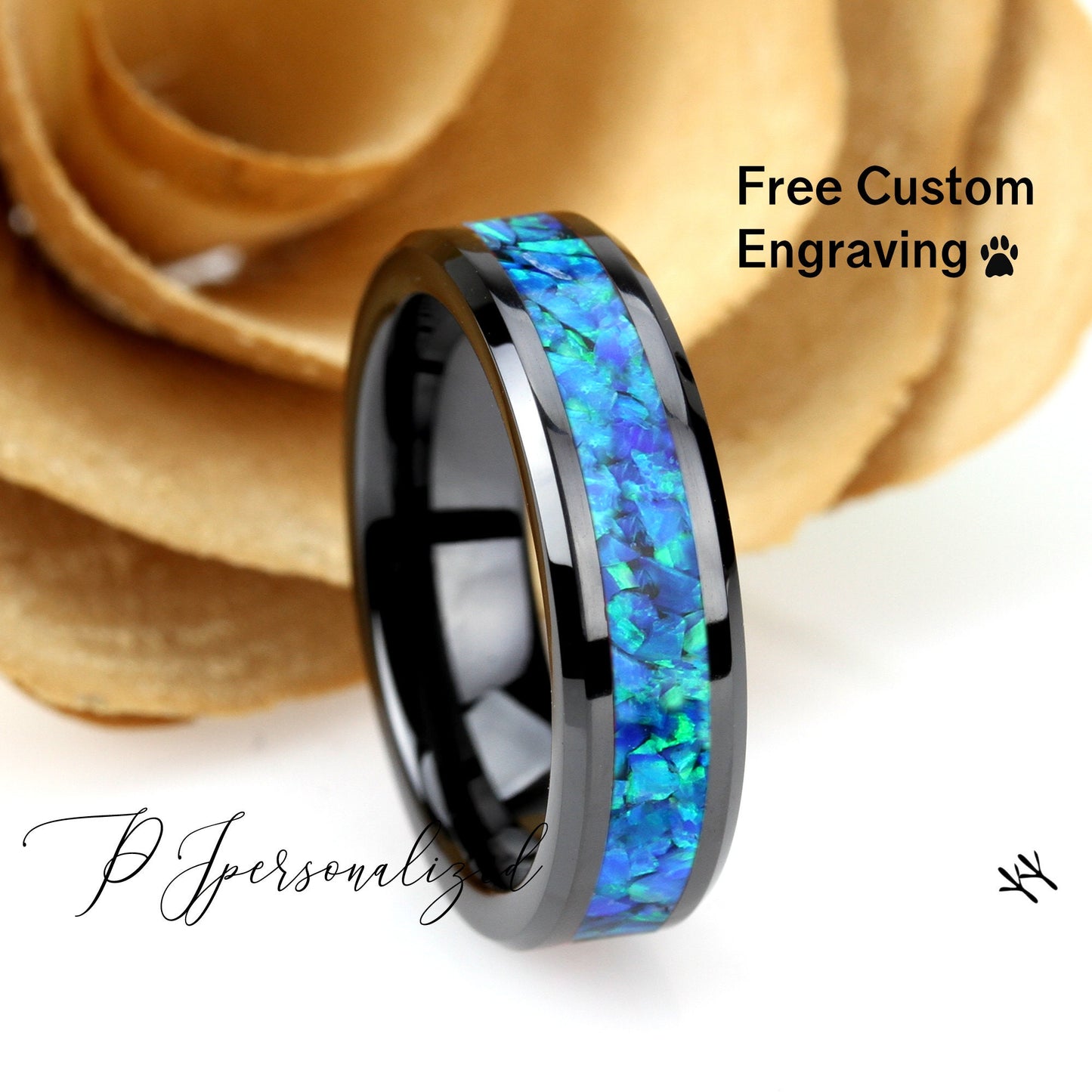 His And Hers Black Ceramic Wedding Band Set, Blue Fire Opal Inlay Ceramic Ring For Men & Women, 8mm, 6mm,Promise Ring For Couple