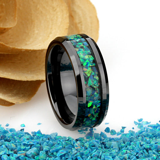 His And Hers Black Ceramic Wedding Band Set, Marine Blue Green Fire Opal Inlay Ceramic Ring For Men & Women, 8mm 6mm,Promise Ring For Couple