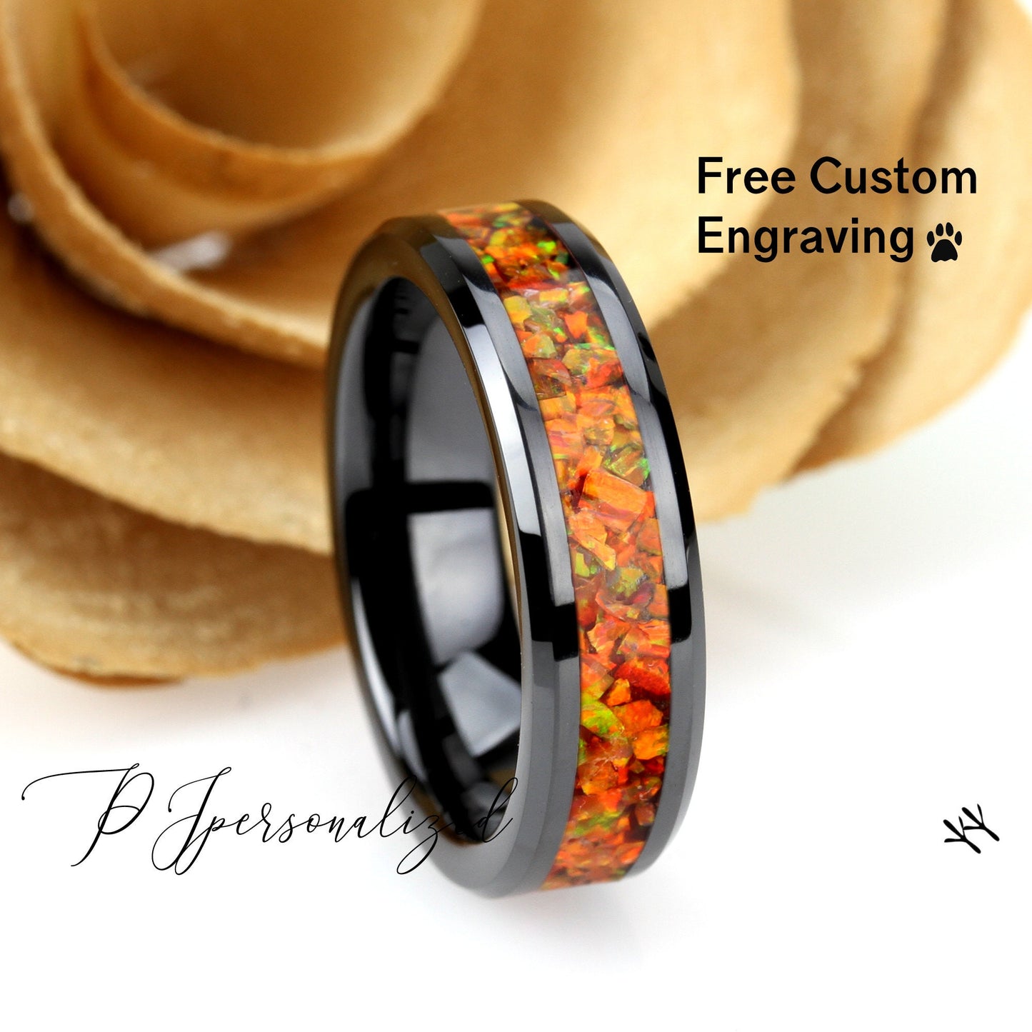 His And Hers Black Ceramic Wedding Band Set, Orange Fire Opal Inlay Ceramic Ring For Men & Women, 8mm, 6mm,Promise Ring For Couple