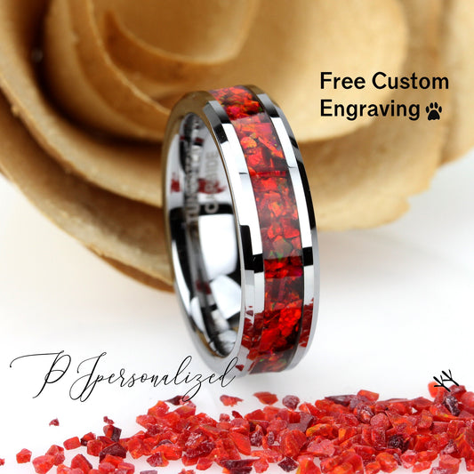 Crushed Ruby Red Fire Opal Inlay 6mm Tungsten Wedding Band, Black Ceramic Band For Women, Fire Opal Ring Promise Ring, Promise Gift