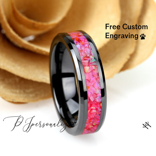 Crushed Pink Fire Opal Inlay 6mm Tungsten Wedding Band, Black Ceramic Ceramic Band For Women, Fire Opal Ring Promise Ring, Promise Gift