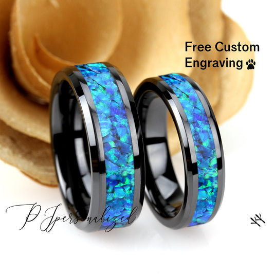 His And Hers Black Ceramic Wedding Band Set, Blue Fire Opal Inlay Ceramic Ring For Men & Women, 8mm, 6mm,Promise Ring For Couple