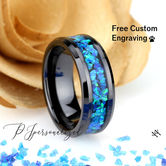 His And Hers Black Ceramic Wedding Band Set, Blue Fire Opal Inlay Ceramic Ring For Men & Women, 8mm, 6mm,Promise Ring For Couple