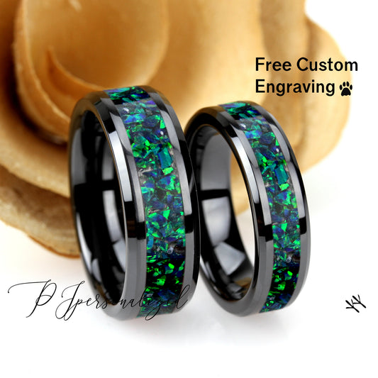 His And Hers Black Ceramic Wedding Band Set, Emerald Green Fire Opal Inlay Ceramic Ring For Men & Women, 8mm, 6mm,Promise Ring For Couple