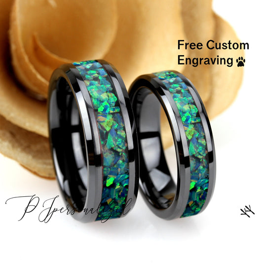 His And Hers Black Ceramic Wedding Band Set, Marine Blue Green Fire Opal Inlay Ceramic Ring For Men & Women, 8mm 6mm,Promise Ring For Couple