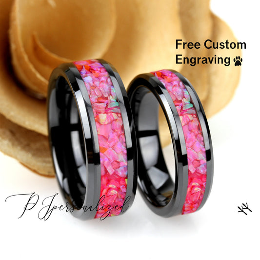 His And Hers Black Ceramic Wedding Band Set, Pink Fire Opal Inlay Ceramic Ring For Men & Women, 8mm, 6mm,Promise Ring For Couple