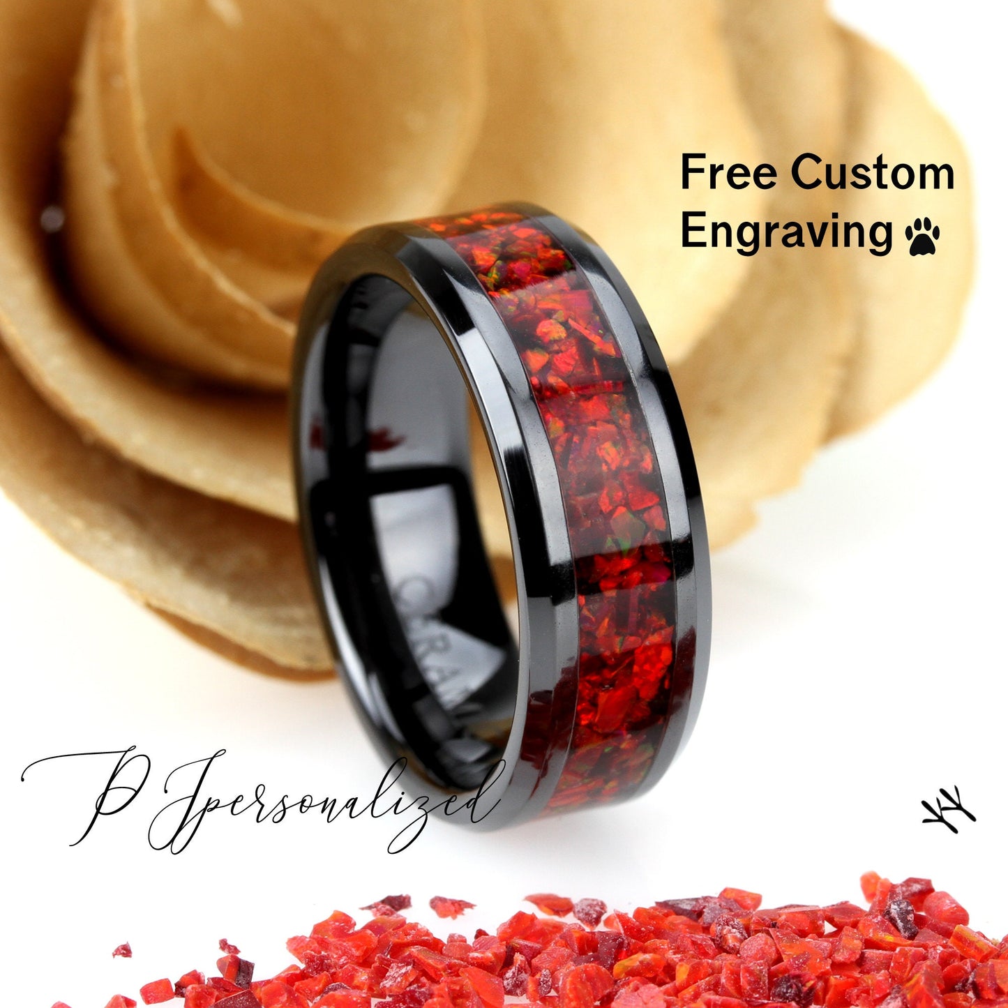 His And Hers Black Ceramic Wedding Band Set, Ruby Red Fire Opal Inlay Ceramic Ring For Men & Women, 8mm, 6mm,Promise Ring For Couple