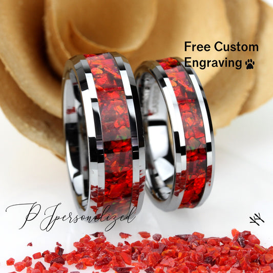 His And Hers Tungsten Wedding Band Set, Ruby Red Fire Opal Inlay Tungsten Ring For Men & Women, 8mm 6mm,Promise Ring For Couple,Promise Gift
