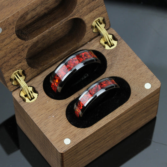 His And Hers Rubi Red Ceramic Wedding Band Set, Fire Opal Inlay Tungsten Ring For Men & Women, 8mm 6mm,Promise Ring For Couple, Wood Box