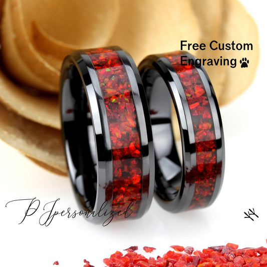 His And Hers Rubi Red Ceramic Wedding Band Set, Fire Opal Inlay Tungsten Ring For Men & Women, 8mm 6mm,Promise Ring For Couple, Wood Box