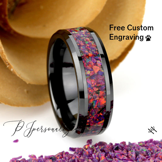 Crushed Purple Fire Opal Inlay 8mm Tungsten Wedding Band Men, Purple Ceramic Wedding Band For Men For Women, Fire Opal Ring, Promise Gift