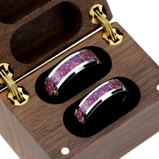 His And Hers Tungsten Wedding Band Set, Purple Fire Opal Inlay Tungsten Ring For Men & Women, 8mm 6mm,Promise Ring For Couple