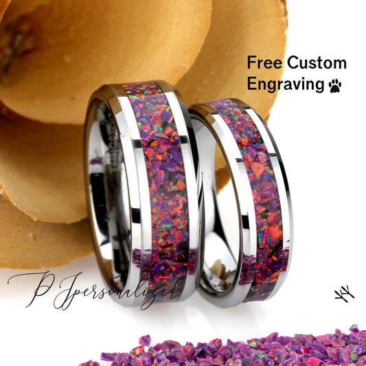 His And Hers Tungsten Wedding Band Set, Purple Fire Opal Inlay Tungsten Ring For Men & Women, 8mm 6mm,Promise Ring For Couple