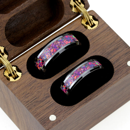 His And Hers Purple Fire Opal Black Ceramic Wedding Band Set, Fire Opal Inlay 8mm 6mmTungsten Ring, Promise Ring For Couple, Wood Box