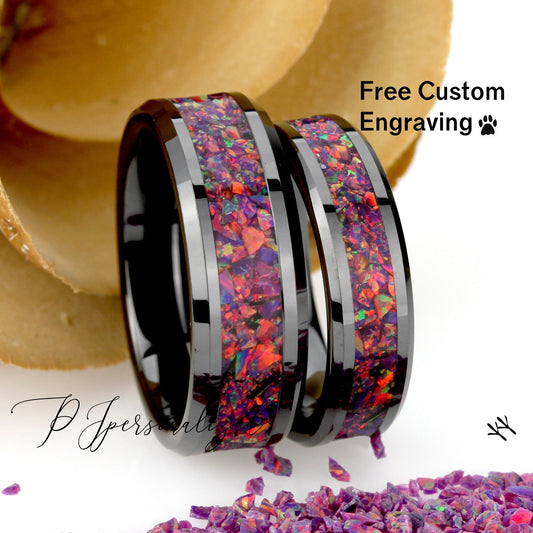 His And Hers Purple Fire Opal Black Ceramic Wedding Band Set, Fire Opal Inlay 8mm 6mmTungsten Ring, Promise Ring For Couple, Wood Box