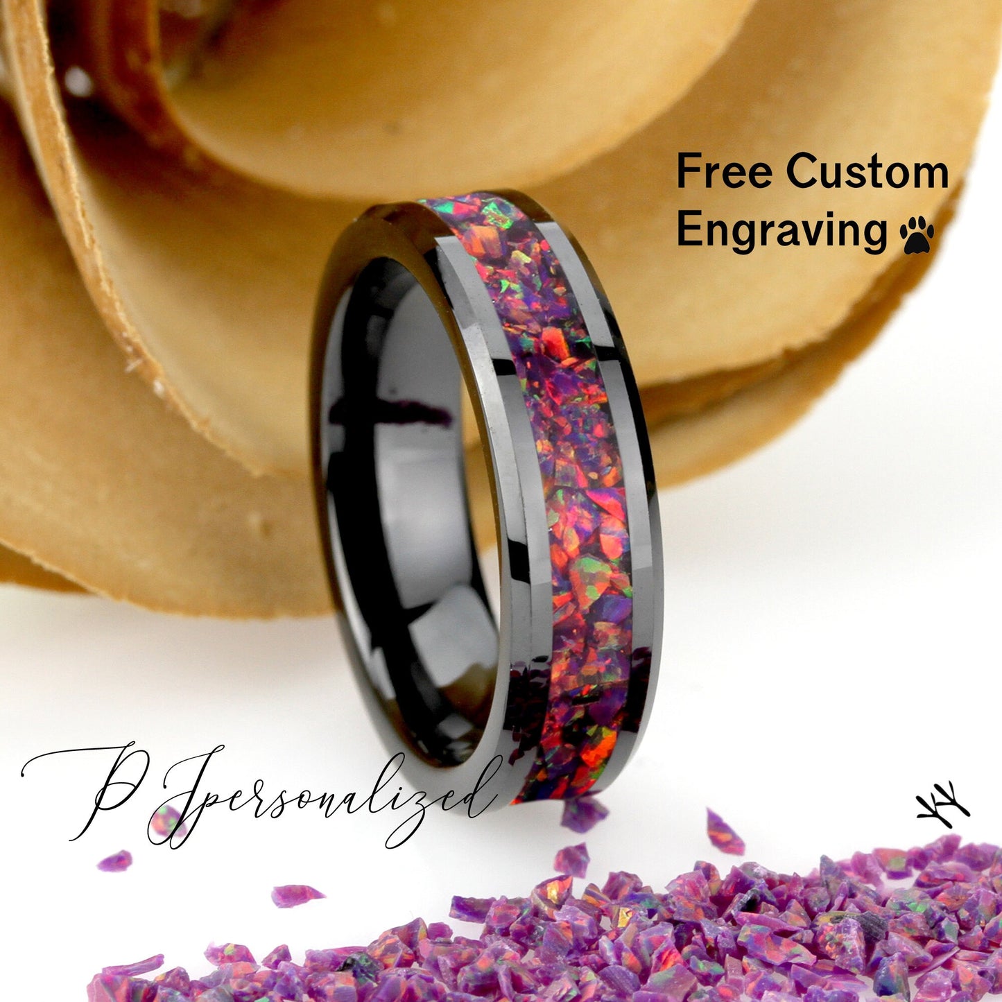 His And Hers Purple Fire Opal Black Ceramic Wedding Band Set, Fire Opal Inlay 8mm 6mmTungsten Ring, Promise Ring For Couple, Wood Box