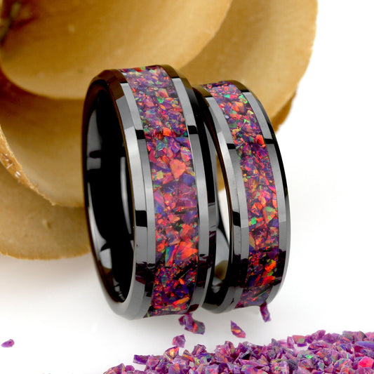 His And Hers Black Ceramic Wedding Band Set, Purple Fire Opal Inlay Ceramic Ring For Men & Women, 8mm, 6mm,Promise Ring For Couple