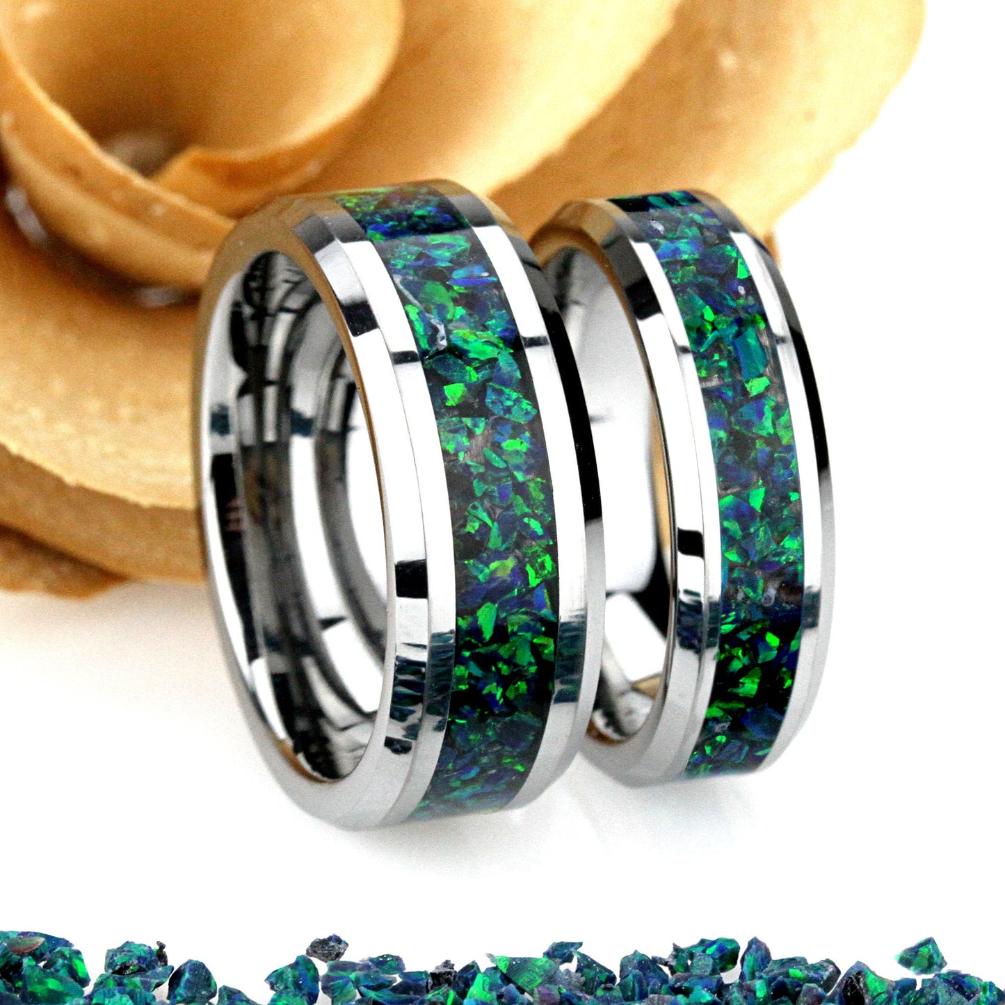 His And Hers Tungsten Wedding Band Set, Emerald Green Fire Opal Inlay Tungsten Ring For Men & Women, 8mm 6mm,Promise Ring For Couple