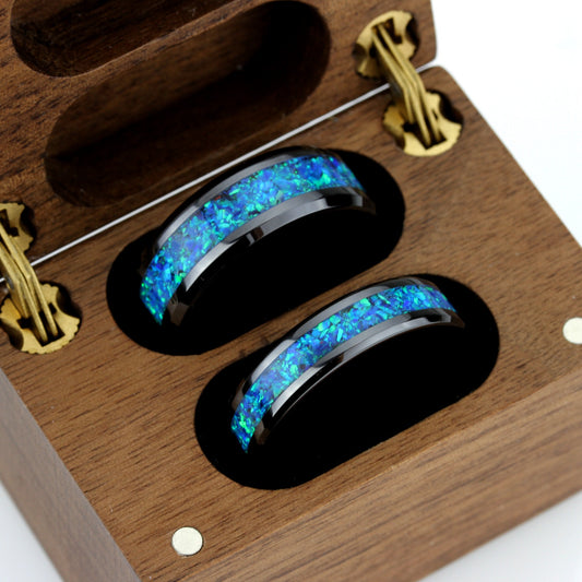 His And Hers Black Ceramic Wedding Band Set, Blue Fire Opal Inlay Tungsten Ring For Men Women, 8mm 6mm,Promise Ring For Couple, Wood Box