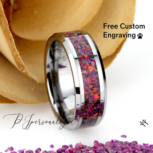 Crushed Purple Fire Opal Inlay 8mm Tungsten Wedding Band Men, Purple Ceramic Wedding Band For Men For Women, Fire Opal Ring, Promise Gift