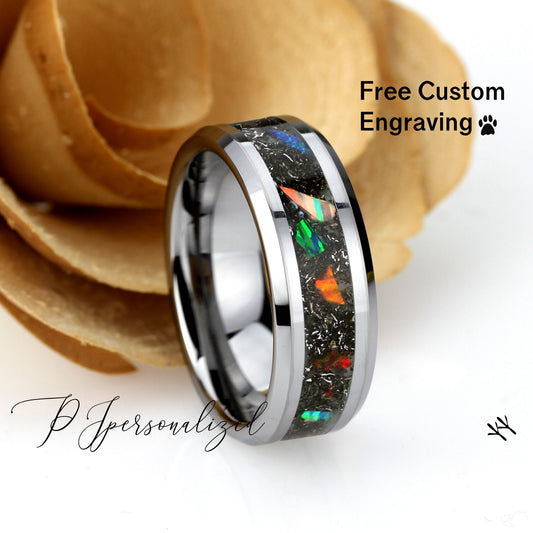 Fire Opal Meteorite Inlay 8mm Tungsten/Black Ceramic Wedding Band Men & Women, Glow In The Dark Wedding Band For Men Women, Promise Gift