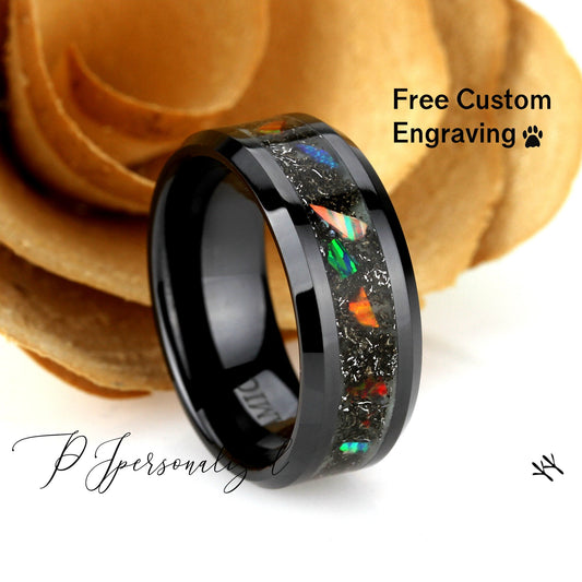 Fire Opal Meteorite Inlay 8mm Tungsten/Black Ceramic Wedding Band Men & Women, Glow In The Dark Wedding Band For Men Women, Promise Gift