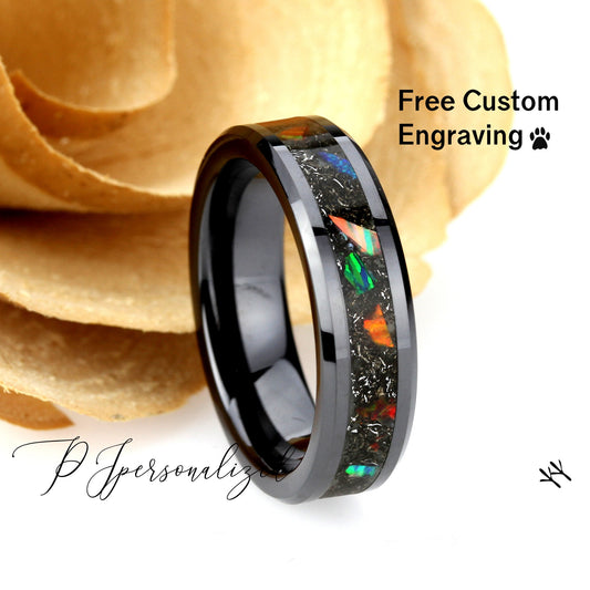 Fire Opal Meteorite Inlay 6mm Tungsten/Black Ceramic Wedding Band Men & Women, Glow In The Dark Wedding Band For Men Women, Promise Gift