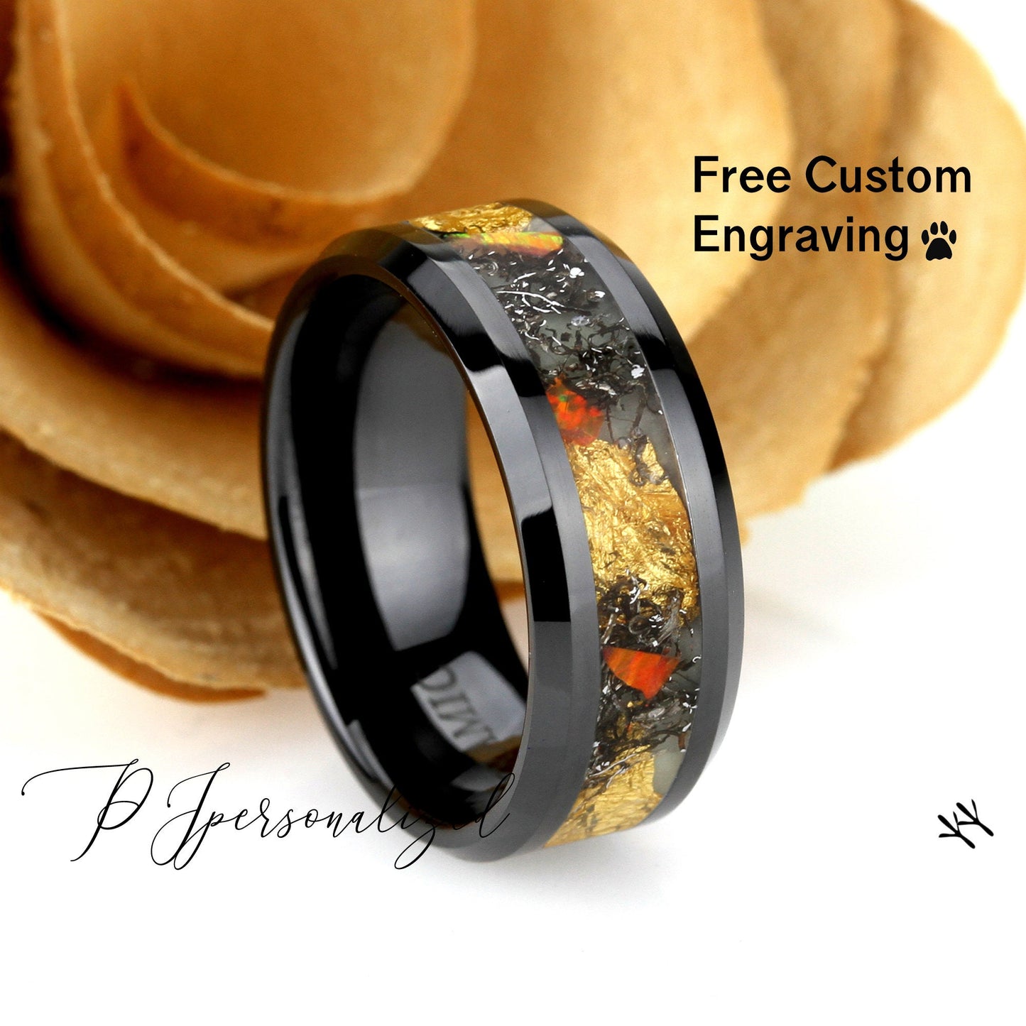 24K Pure Gold Leaf Ring, Natural Meteorite Ring, Glow Ring, Fir Opal Ring, 8mm Tungsten/Black Ceramic Wedding Band Men & Women, Promise Gift