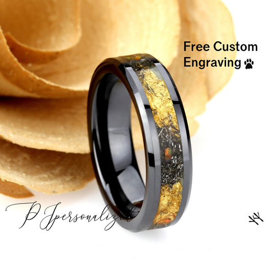 24K Pure Gold Leaf Ring, Natural Meteorite Ring, Glow Ring, Fir Opal Ring, 6mm Tungsten/Black Ceramic Wedding Band Men & Women, Promise Gift