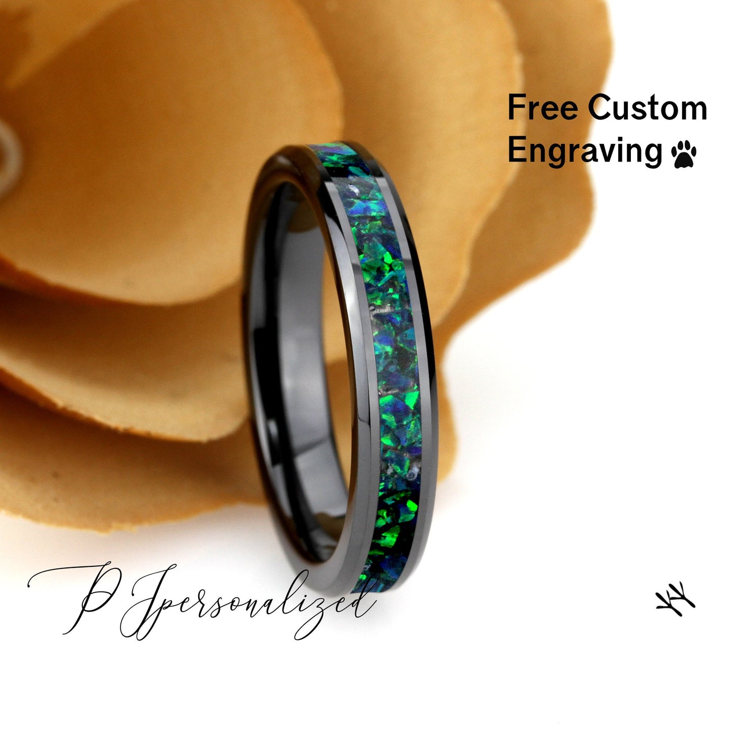 Crushed Emerald Green Opal Inlay 4mm Tungsten Wedding Band, Black Ceramic Band For Women, Women's Tungsten Band, Fire Opal Ring Promise Ring