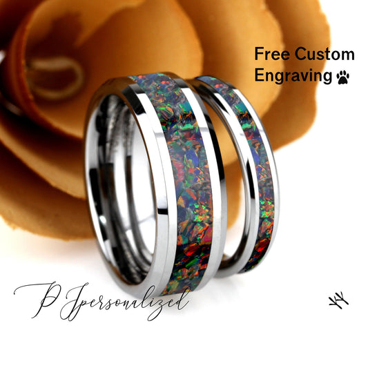 His And Hers Tungsten Wedding Band Set, Black Rainbow Fire Opal Inlay Tungsten Ring For Men & Women, 8mm/4mm,Promise Ring For Couple