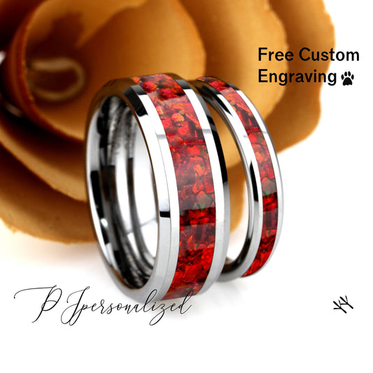 His And Hers Tungsten Wedding Band Set, Ruby Red Fire Opal Inlay Tungsten Ring For Men & Women, 8mm/4mm,Promise Ring For Couple,Promise Gift