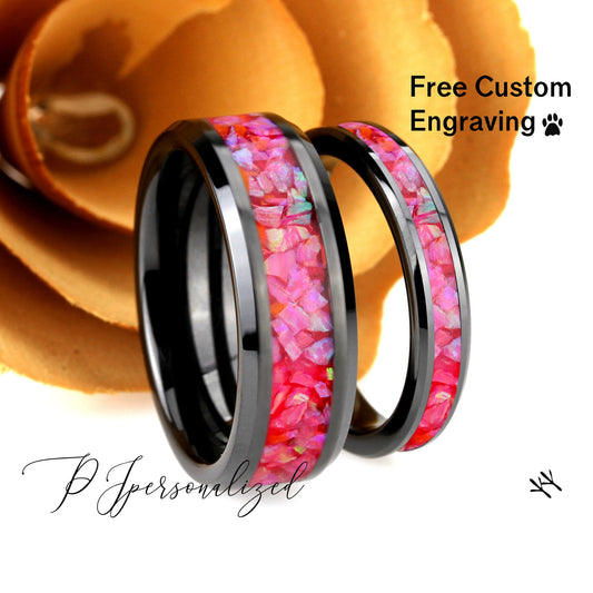 His And Hers Black Ceramic Wedding Band Set, Pink Fire Opal Inlay Ceramic Ring For Men & Women, 8mm/4mm,Promise Ring For Couple