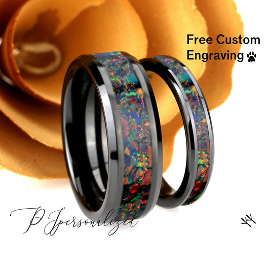 His And Hers Black Ceramic Wedding Band Set, Black Rainbow Fire Opal Inlay Ceramic Ring For Men & Women, 8mm/4mm, Promise Ring For Couple