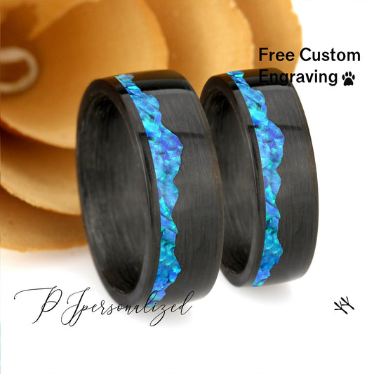 Fire Opal Wedding Band Set His And Hers, Ocean Blue Opal Inlay, Mountain Pattern Durable Carbon Fiber Ring, His And Hers Wedding Ring Set