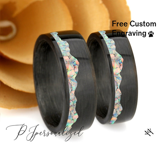 Fire Opal Wedding Band Set His And Hers, White Fire Opal Inlay, Mountain Pattern Durable Carbon Fiber Ring, His And Hers Wedding Ring Set