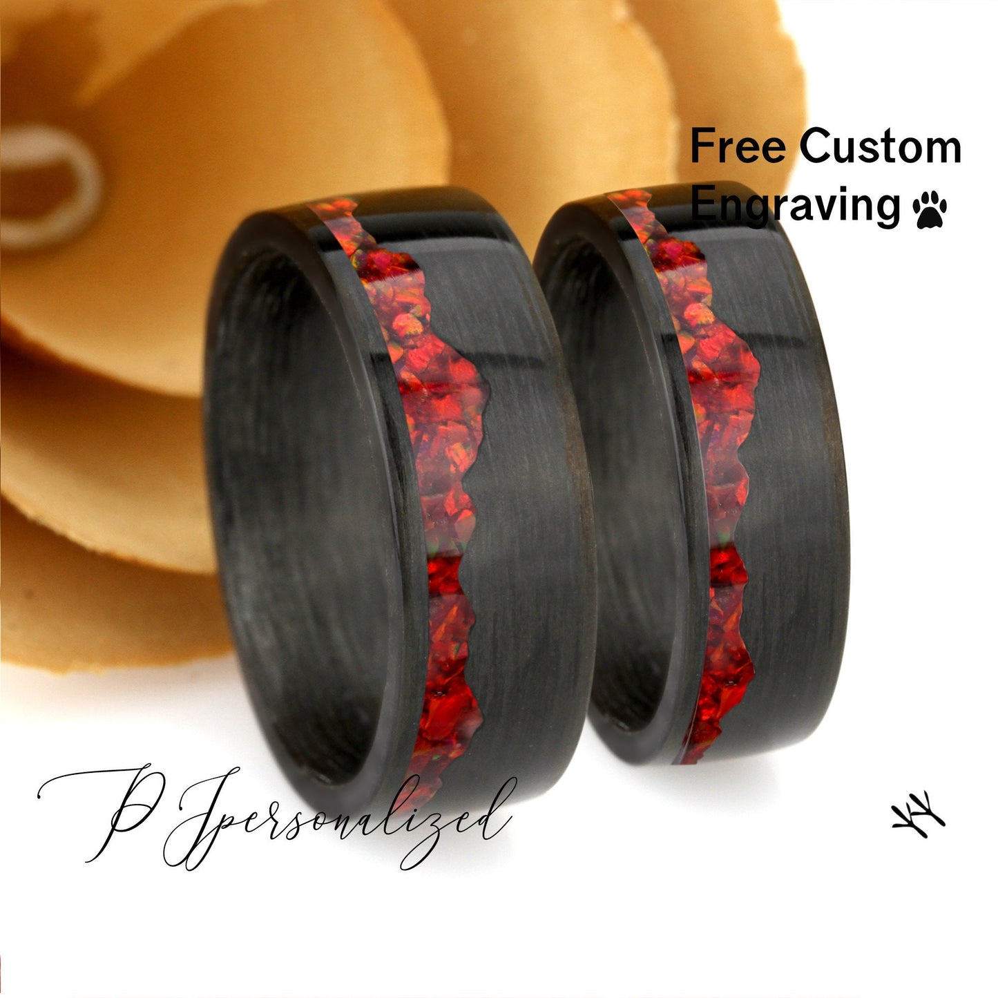 Fire Opal Wedding Band Set His And Hers, Ruby Red Opal Inlay, Mountain Pattern Durable Carbon Fiber Ring, His And Hers Wedding Ring Set