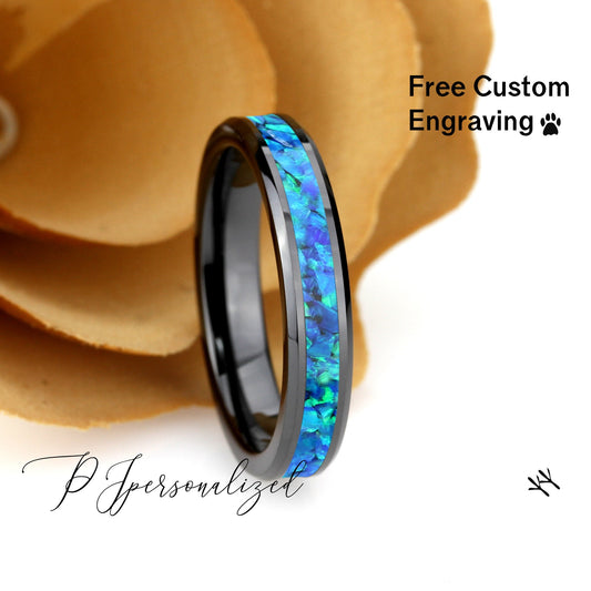 Crushed Blue Fire Opal Inlay 4mm Tungsten Wedding Band, Black Ceramic Wedding Band For Women, Fire Opal Ring Promise Ring, Promise Gift