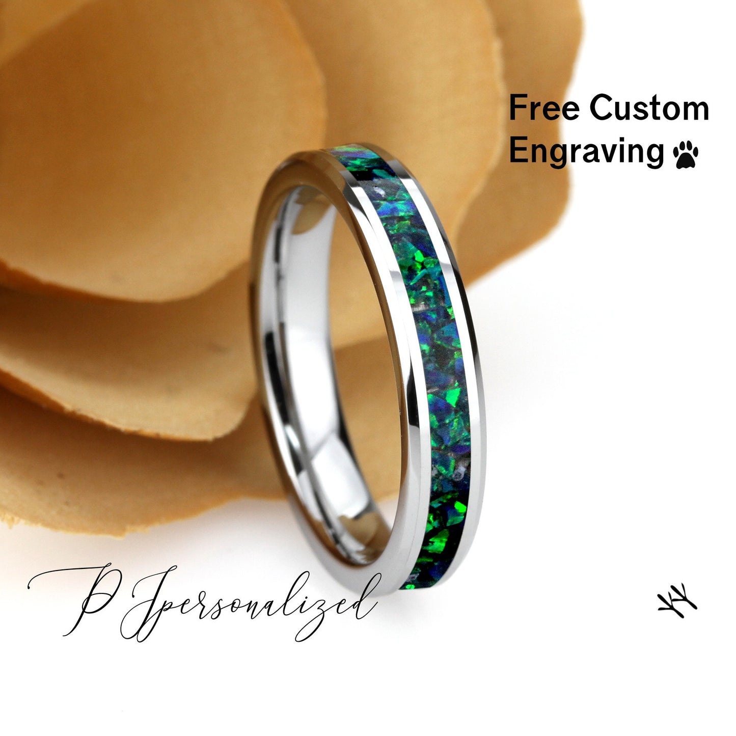 Crushed Emerald Green Opal Inlay 4mm Tungsten Wedding Band, Black Ceramic Band For Women, Women's Tungsten Band, Fire Opal Ring Promise Ring