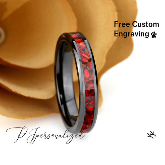 Crushed Ruby Red Fire Opal Inlay 4mm Tungsten Wedding Band, Black Ceramic Band For Women, Fire Opal Ring Promise Ring, Promise Gift