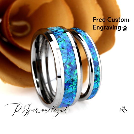 His And Hers Tungsten Wedding Band Set, Blue Fire Opal Inlay Tungsten Ring For Men & Women, 8mm/4mm,Promise Ring For Couple