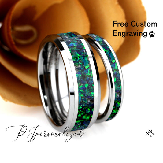 His And Hers Tungsten Wedding Band Set, Emerald Green Fire Opal Inlay Tungsten Wedding Ring For Men & Women, 8mm/4mm,Promise Ring For Couple